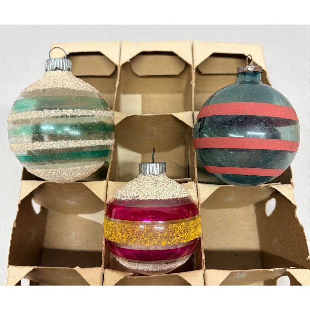 VTG Shiny Brite Unsilvered Mica Stripes Glass Christmas Ornament Lot of 3 Blue